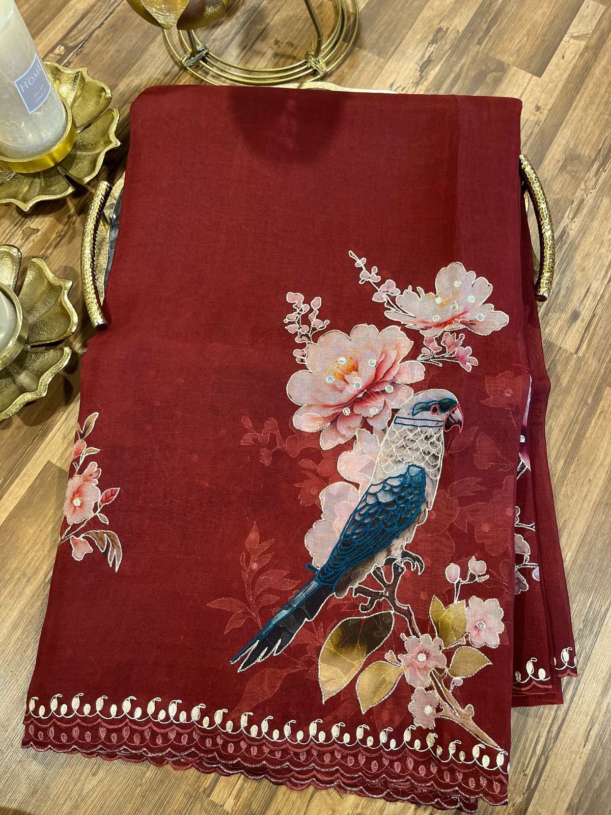 Maroon Designer Floral Print Organza